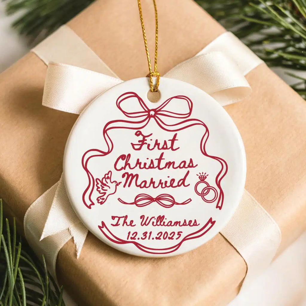 Additional view of a First Christmas Married personalized ceramic ornament.