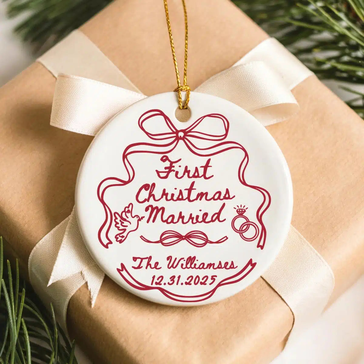 Additional view of a First Christmas Married personalized ceramic ornament.
