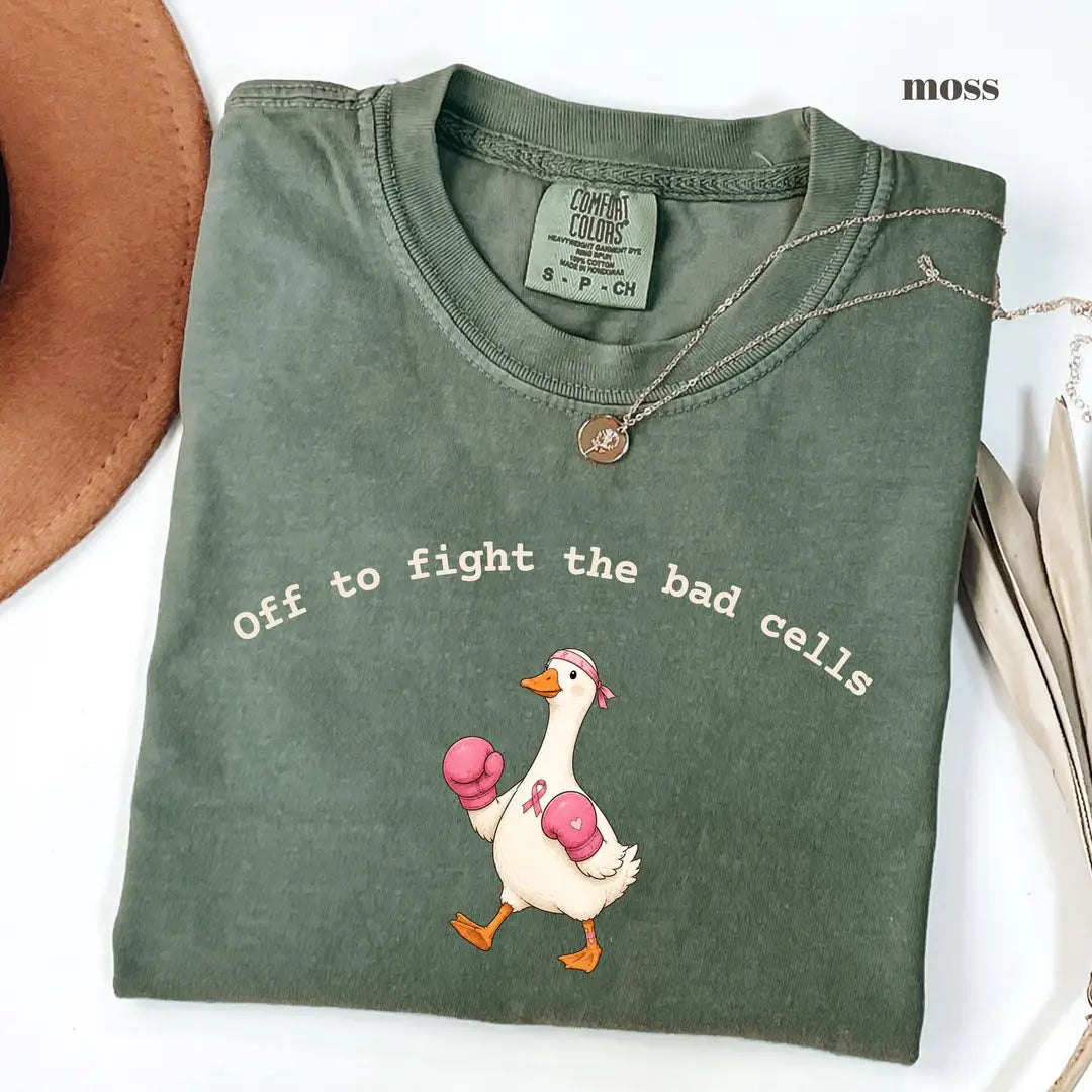 Moss Comfort Colors 1717 T-shirt with Off To Fight The Bad Cells Goose design worn by a model view 2