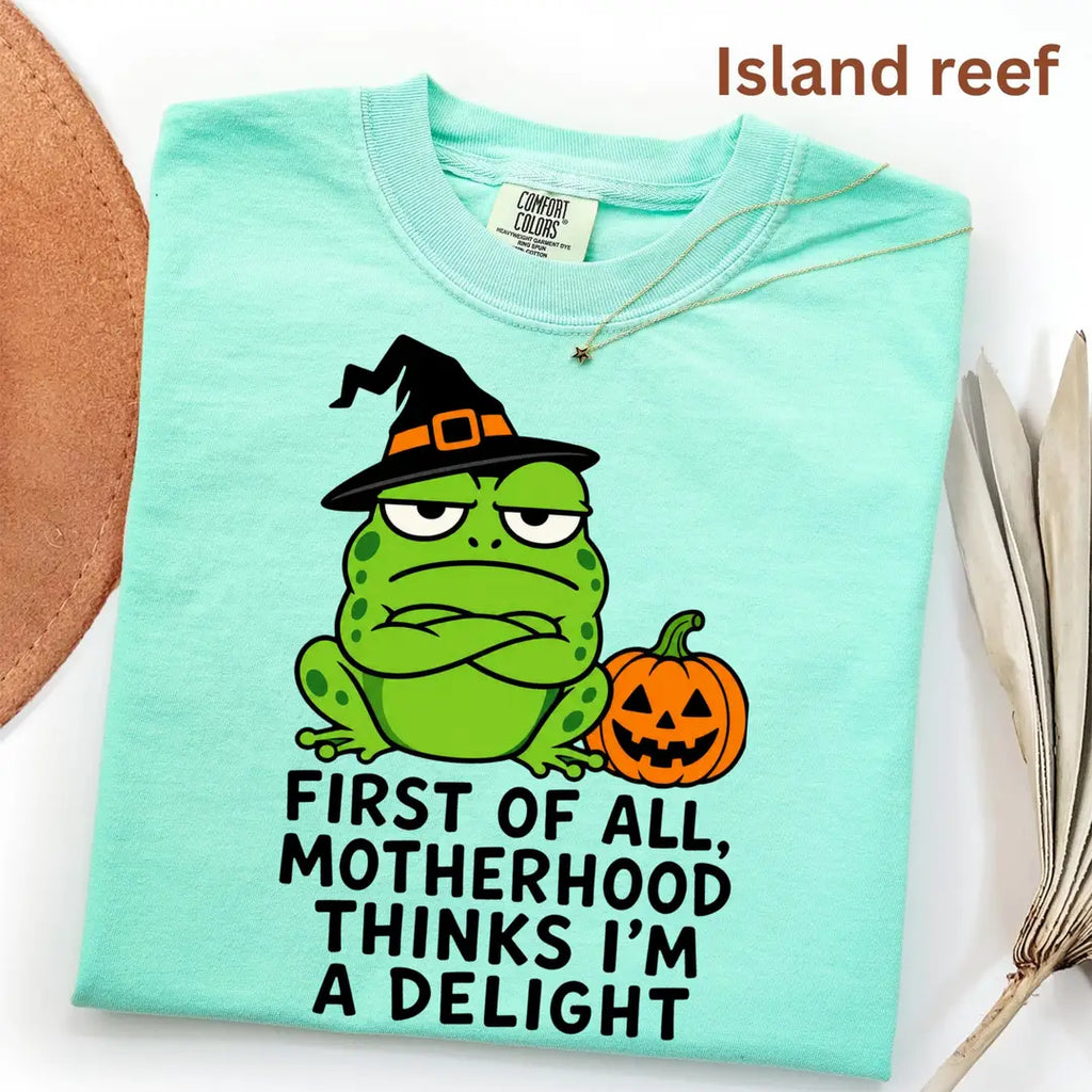 First of All Motherhood Thinks I'm a Delight - Frog Mom Comfort Colors T-Shirt alternate product view in Island Reef.