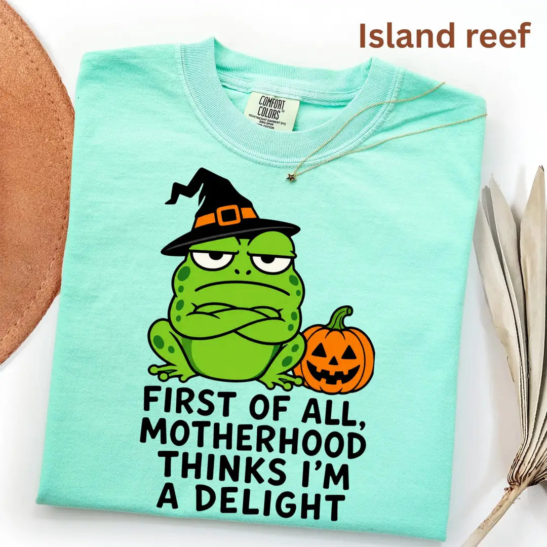 First of All Motherhood Thinks I'm a Delight - Frog Mom Comfort Colors T-Shirt alternate product view in Island Reef.