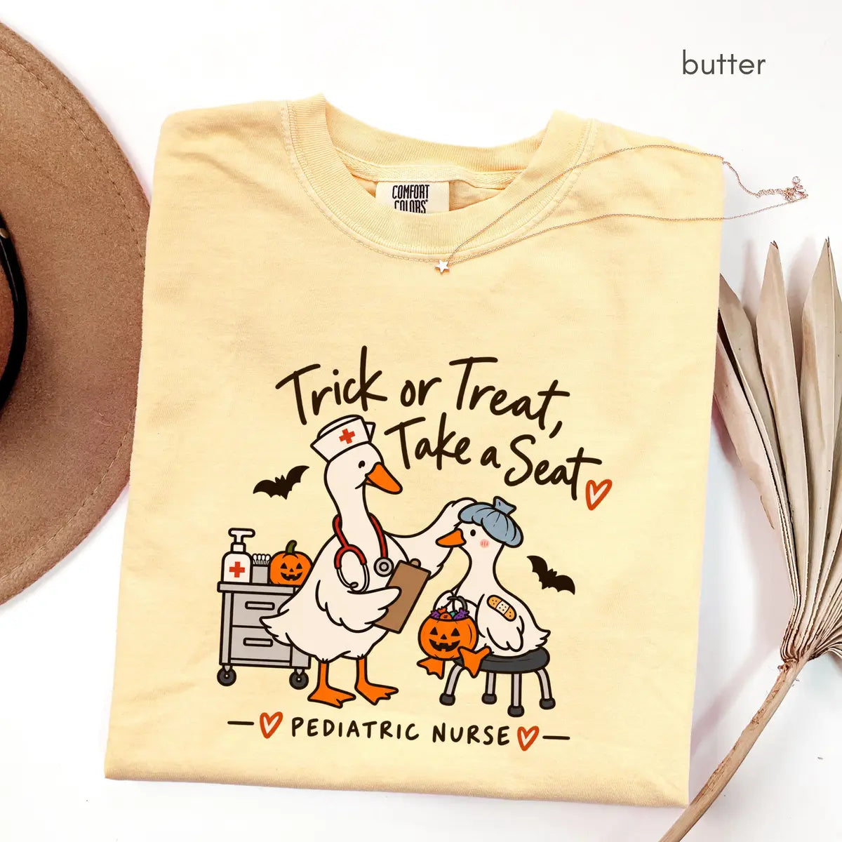 Butter Comfort Colors 1717 T-shirt with Pediatric Nurse Halloween design