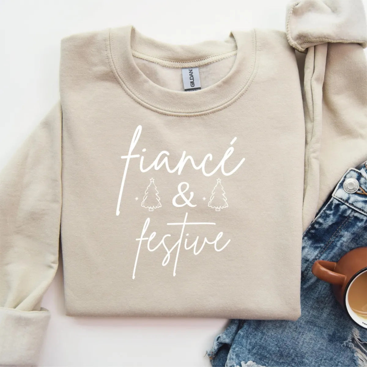 Sand Crewneck sweatshirt with embroidered Fiancé Christmas design, alternate product view.