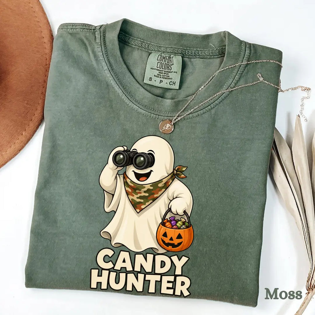 Candy Hunter Camo Halloween Comfort Colors T-Shirt alternate product view in Moss.