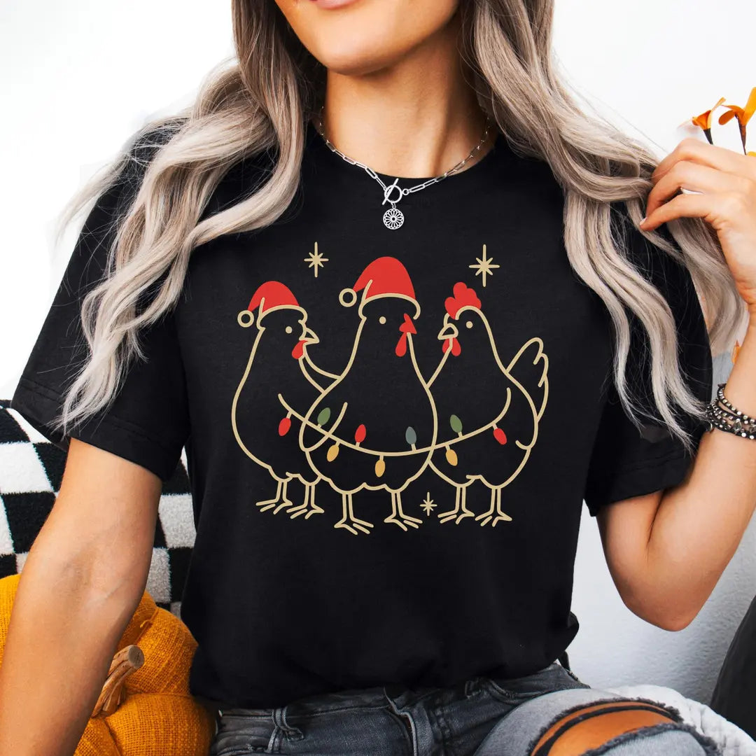 BLACK Crewneck sweatshirt with Chicken Christmas design shown on a model.