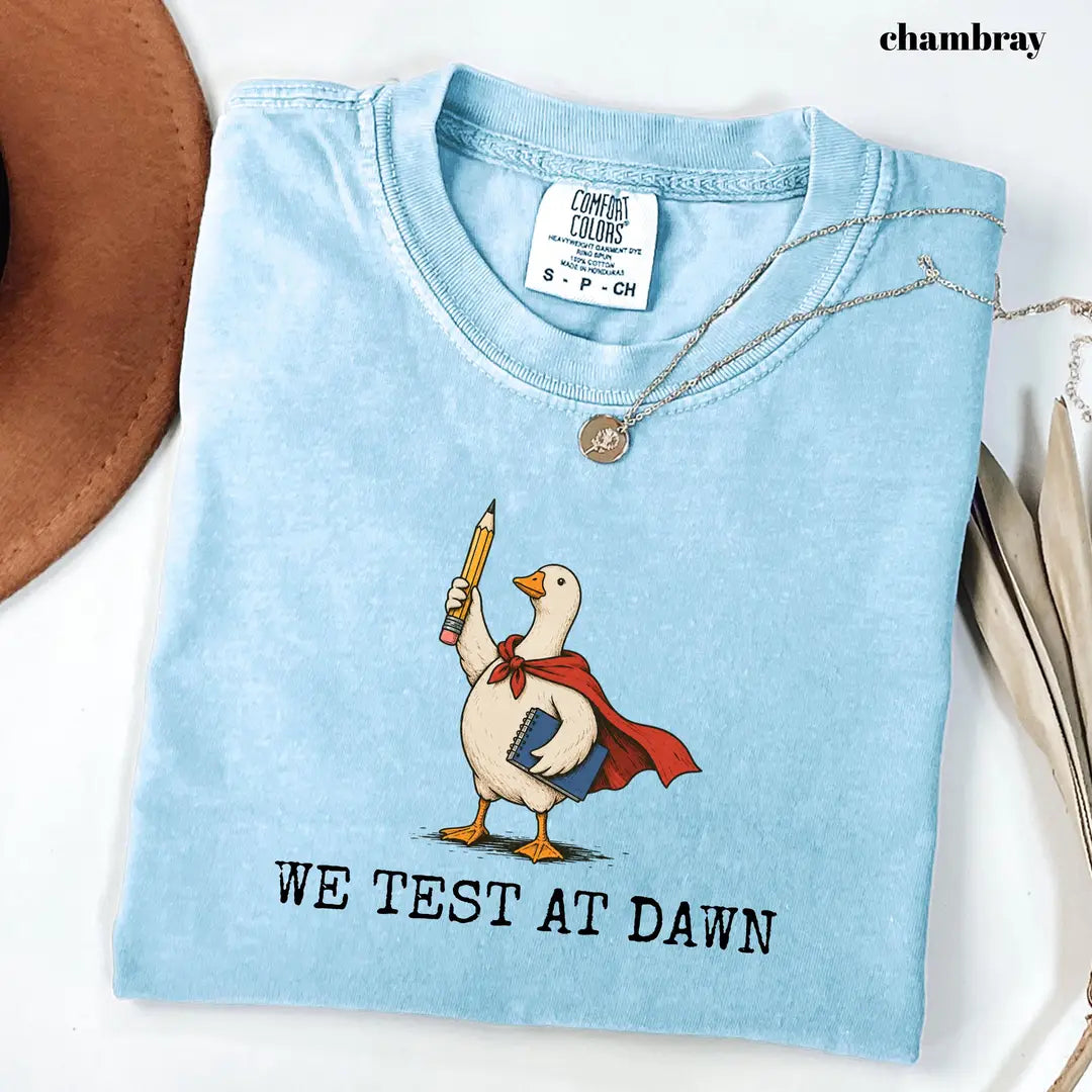 Comfort Colors 1717 T-shirt with We Test at Dawn Teacher design worn by a model view 2