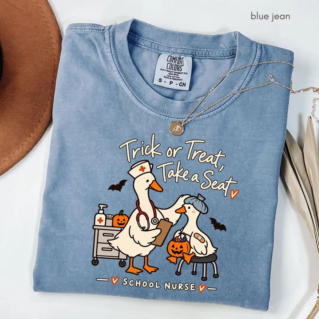 Blue Jean Comfort Colors 1717 T-shirt with School Nurse Halloween design