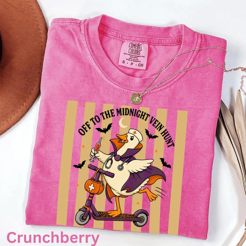 Off to the Midnight Vein Hunt - Nurse Goose Halloween Comfort Colors T-Shirt alternate product view.