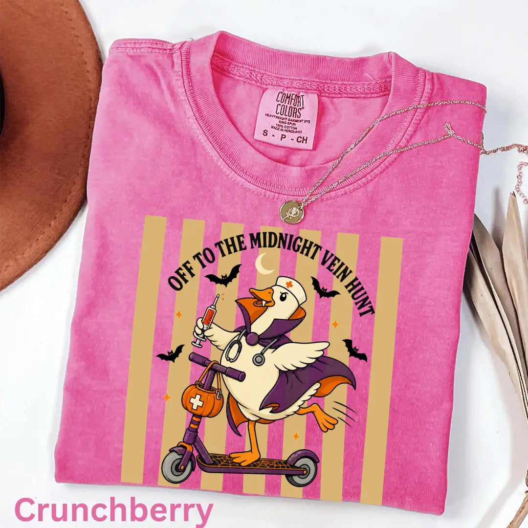 Off to the Midnight Vein Hunt - Nurse Goose Halloween Comfort Colors T-Shirt alternate product view.