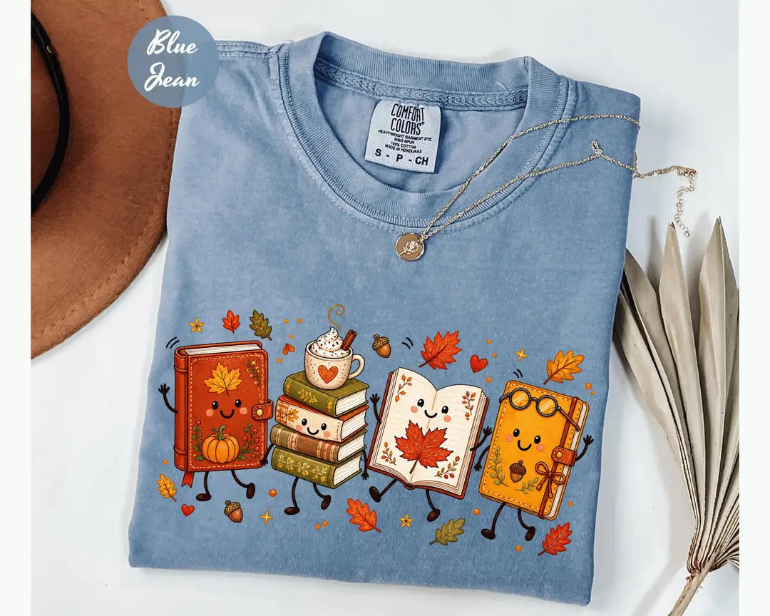 Blue Jean Comfort Colors 1717 T-shirt with Cozy Book Lover Doodle design