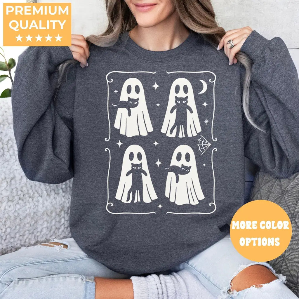 Dark Heather Crewneck sweatshirt with Ghost Cat design, alternate product view.