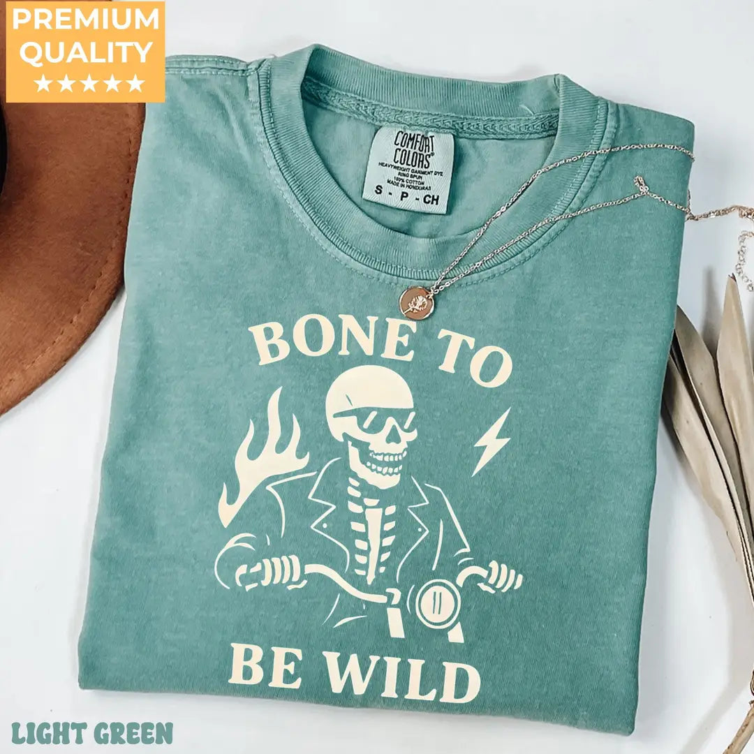 Funny Skeleton Halloween Comfort Colors T-Shirt alternate product view in Light Green.
