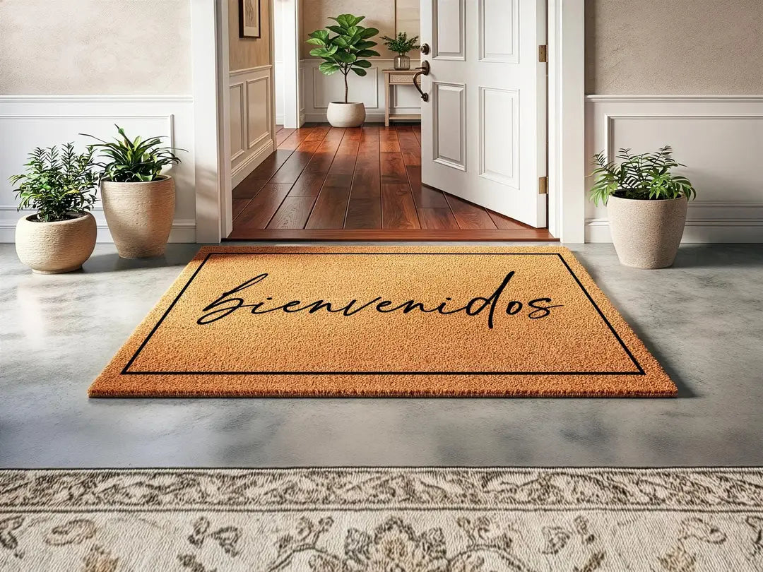 Coir doormat with a framed bienvenidos script message inside an entry hall with potted plants and an open door