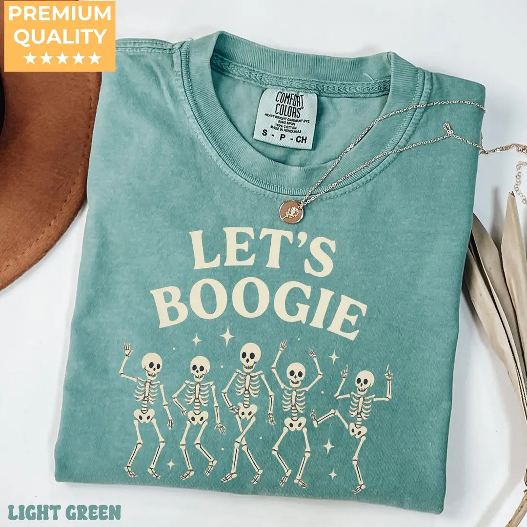Let's Boogie Skeletons - Retro Halloween Comfort Colors T-Shirt alternate product view in Light Green.
