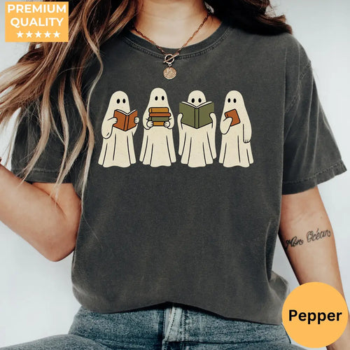 Four Ghosts Reading Books - Bookish Halloween Comfort Colors T-Shirt hero view in Pepper.