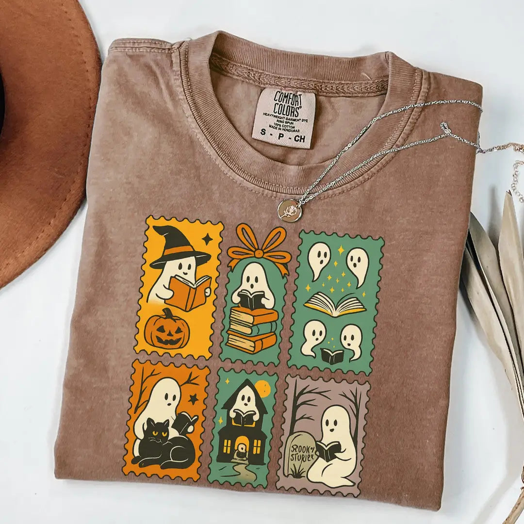 Halloween Ghost Book Club Patchwork - Bookish Comfort Colors T-Shirt alternate product view in Espresso.