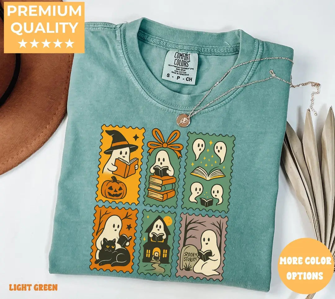 Halloween Ghost Book Club Patchwork - Bookish Comfort Colors T-Shirt alternate product view in Light Green.