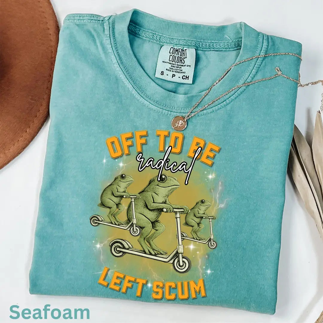 Seafoam Comfort Colors 1717 T-shirt with Radical Left Frog on Scooter Political Meme design, alternate product view.