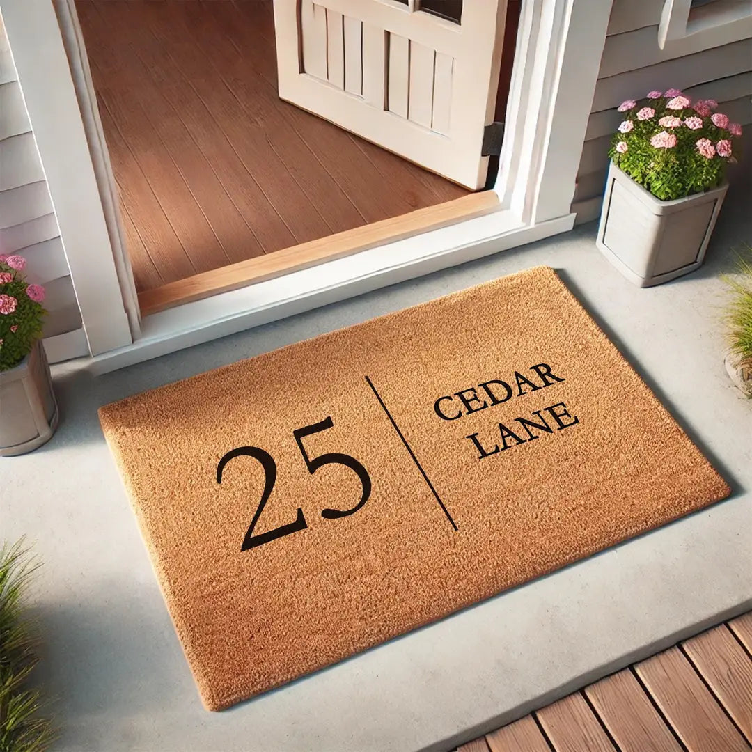 Rectangular coir doormat with a house number and street name at an open white door with potted pink flowers on a concrete porch