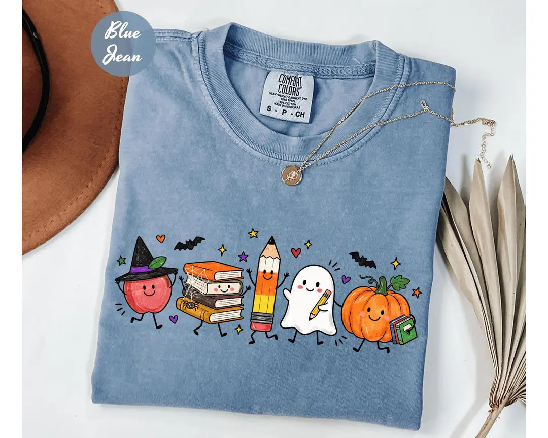 Blue Jean Comfort Colors 1717 T-shirt with Cute Halloween Teacher design worn by a model