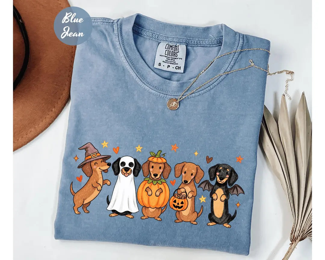 Blue Jean Comfort Colors 1717 T-shirt with Halloween Dachshund design
