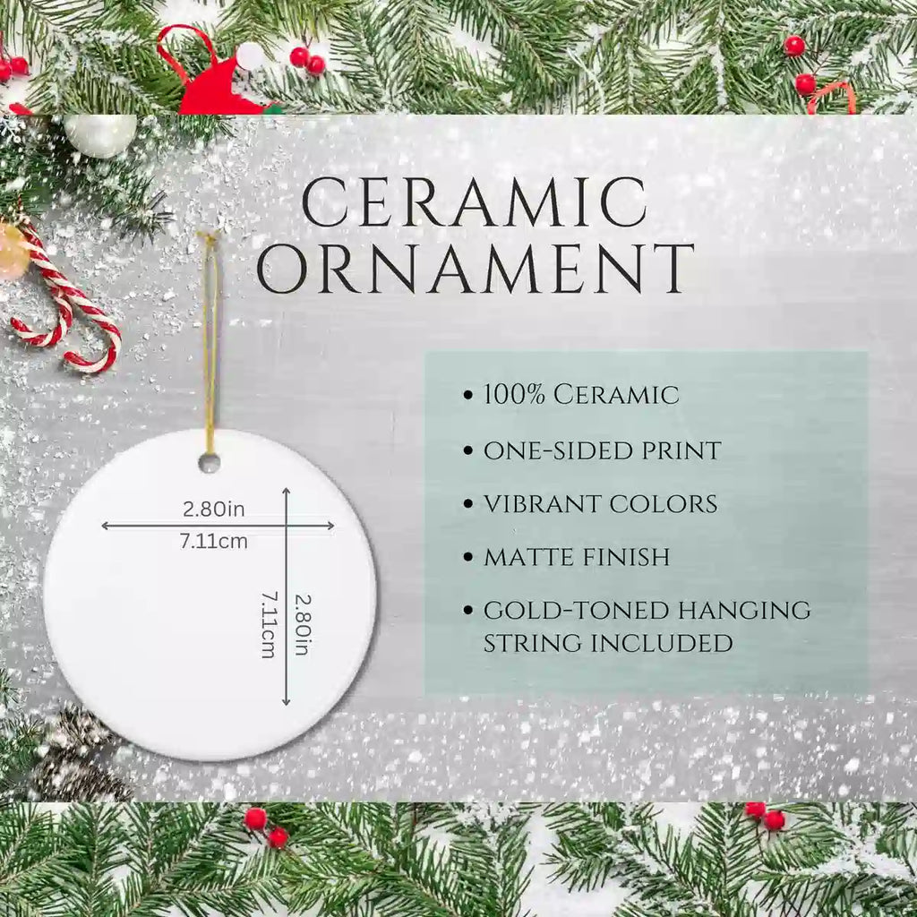 Ceramic ornament product details card showing 2.80 inches / 7.11 cm, one-sided printing, matte finish, vibrant colors, and a gold-toned hanging string.