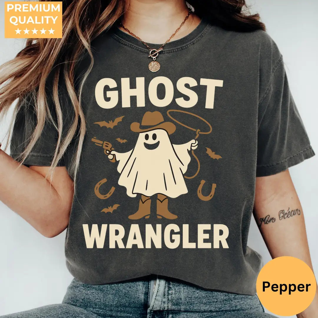 Ghost Wrangler - Western Halloween Comfort Colors T-Shirt hero view in Pepper.
