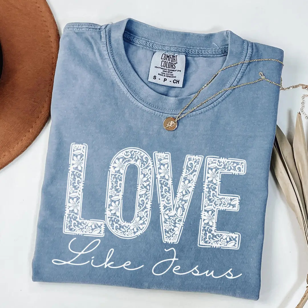 Blue Jean Comfort Colors 1717 T-shirt with Love Like Jesus design, alternate product view.