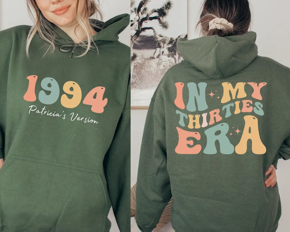 Crewneck sweatshirt with printed Custom In My Thirties Era design, alternate product view.