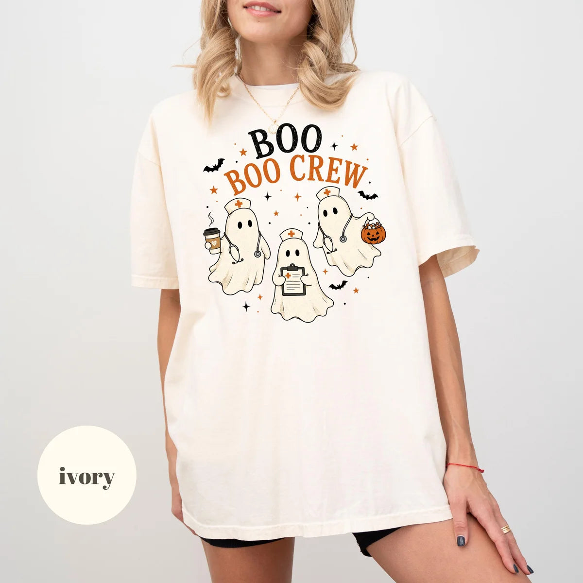 Ivory Comfort Colors 1717 T-shirt with Boo Boo Crew Ghost Nurse design