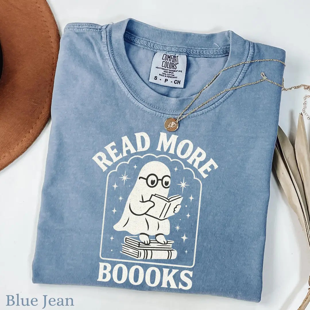 Read More Booooks - Bookish Ghost Halloween Comfort Colors T-Shirt alternate product view in Blue Jean.