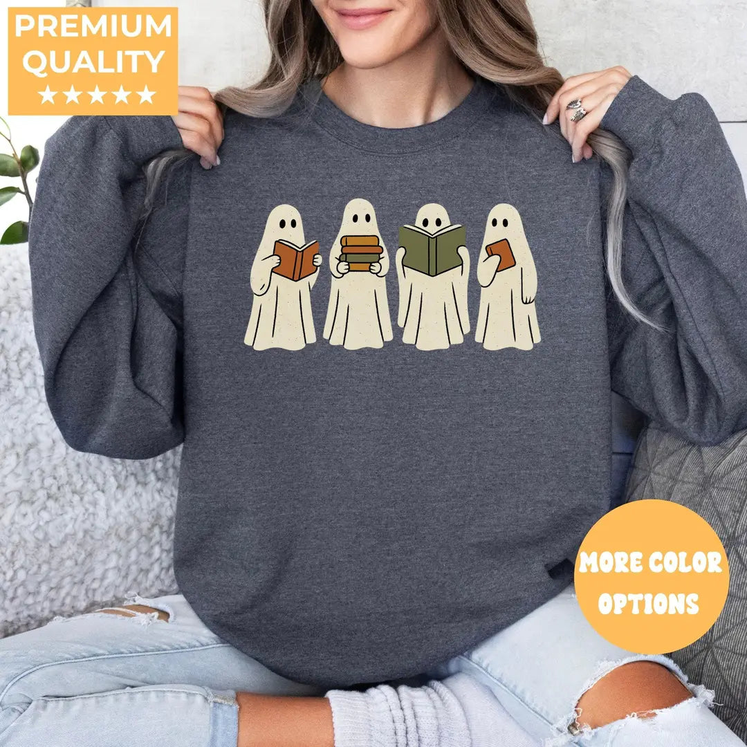 Dark Heather Crewneck sweatshirt with Ghost Reading design, alternate product view.