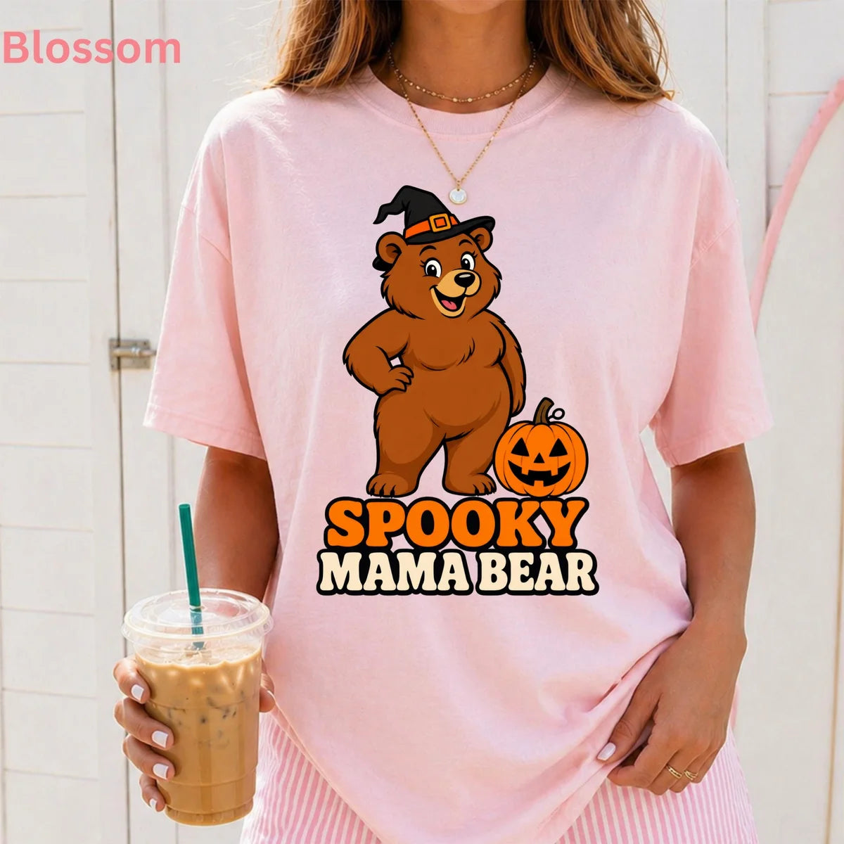 Spooky Mama Bear Halloween Comfort Colors T-Shirt alternate product view in Blossom.
