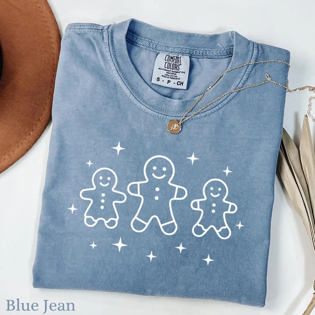 Blue Jean Comfort Colors 1717 T-shirt with Gingerbread Cute Christmas Gingerbread Man Women Holiday T Winter Gift for Baker Christmas Top design, alternate product view.