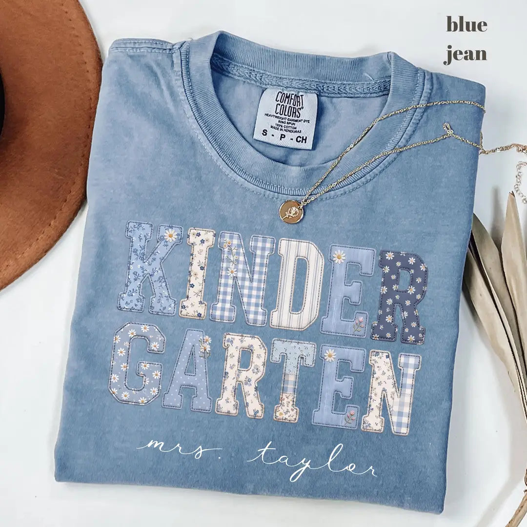 Blue Jean Comfort Colors 1717 T-shirt with Kindergarten Teacher design