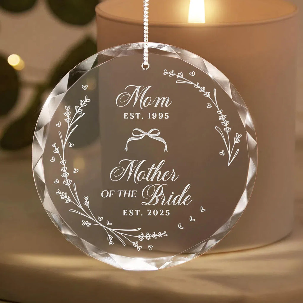 Personalized engraved crystal glass ornament featuring Mother Of Bride.