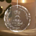 Personalized engraved crystal glass ornament featuring Mother Of Bride.