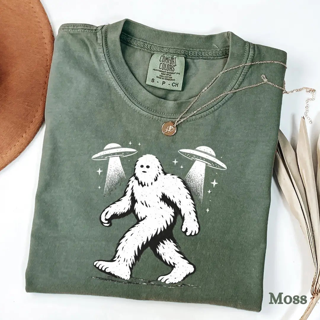 Moss Crewneck sweatshirt with printed Bigfoot UFO design, alternate product view.
