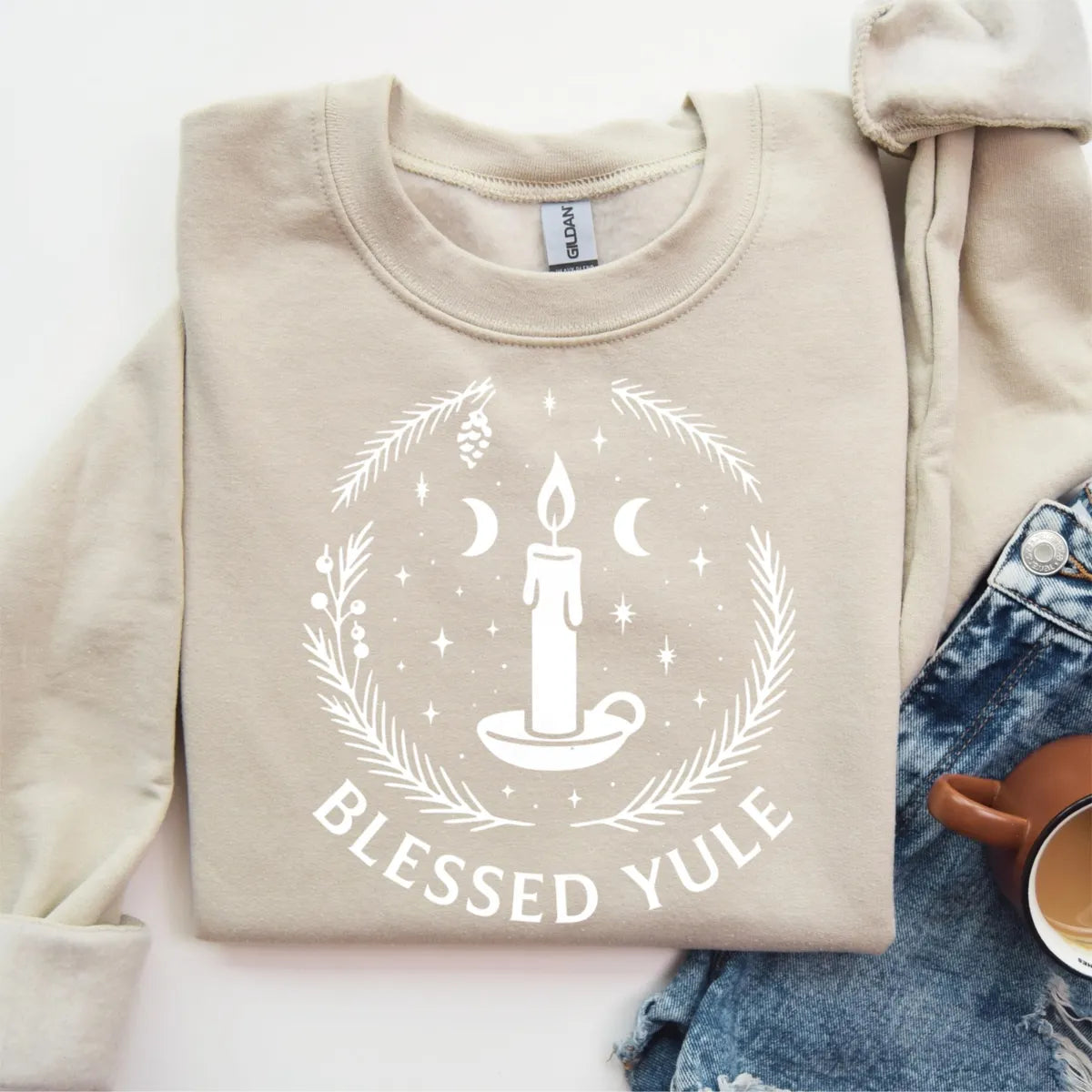 Sand Crewneck sweatshirt with embroidered Blessed Yule Christmas design, alternate product view.