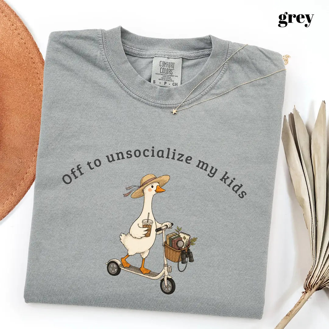 Comfort Colors 1717 T-shirt with Off To Unsocialize My Kids Goose design worn by a model view 3