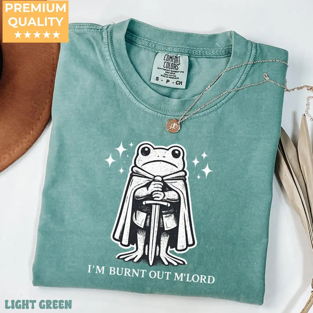 Light Green Comfort Colors 1717 T-shirt with Im Burnt Out MLord design, alternate product view.