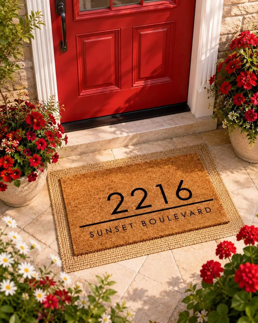 Coir doormat with a modern house number and street name at a red front door with red flowers
