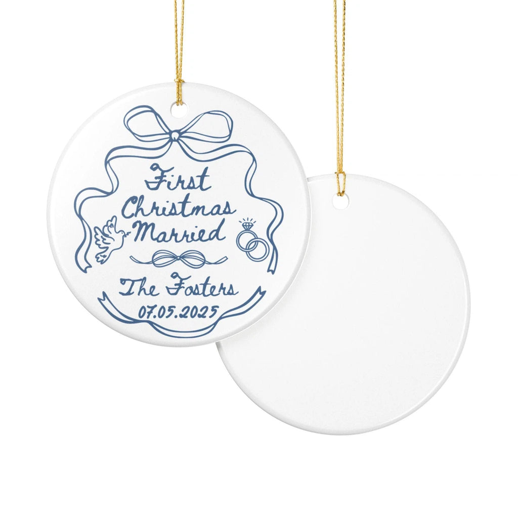 Front and back views of a First Christmas Married personalized ceramic ornament.