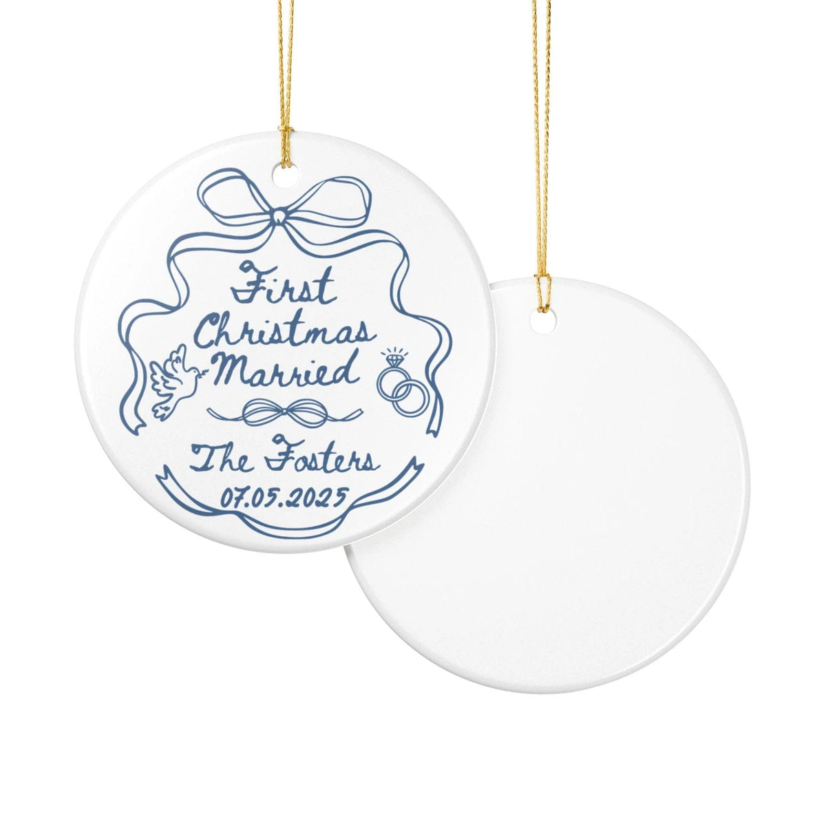 Front and back views of a First Christmas Married personalized ceramic ornament.