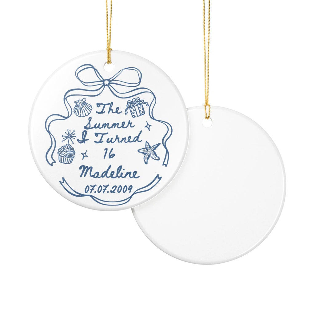 Front and back views of a The Summer I Turned 16 personalized ceramic ornament.