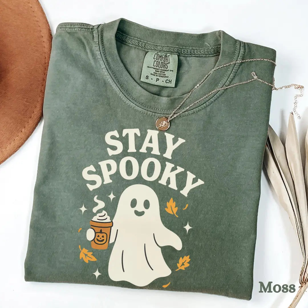 Stay Spooky Coffee Ghost - Fall Halloween Comfort Colors T-Shirt alternate product view in Moss.
