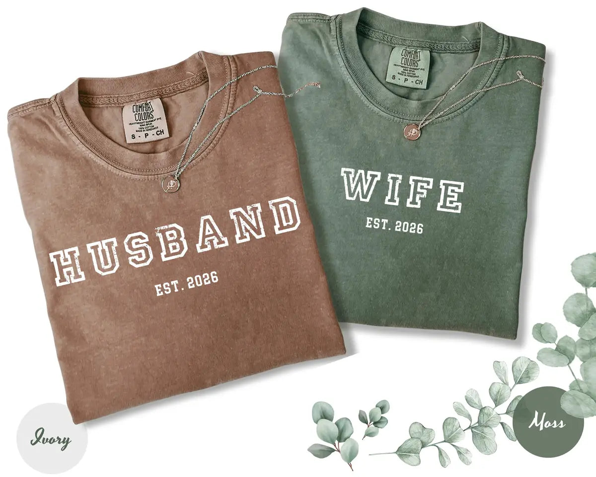 White Comfort Colors 1717 T-shirt with Husband and Wife Est Year Matching design
