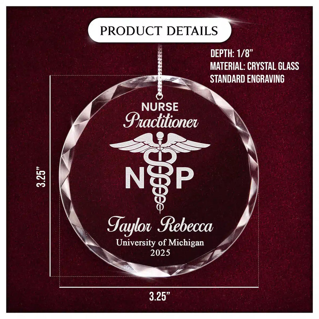 Product details card for a personalized engraved engraved crystal glass ornament, showing crystal glass construction, engraving, and a 3.25-inch size.