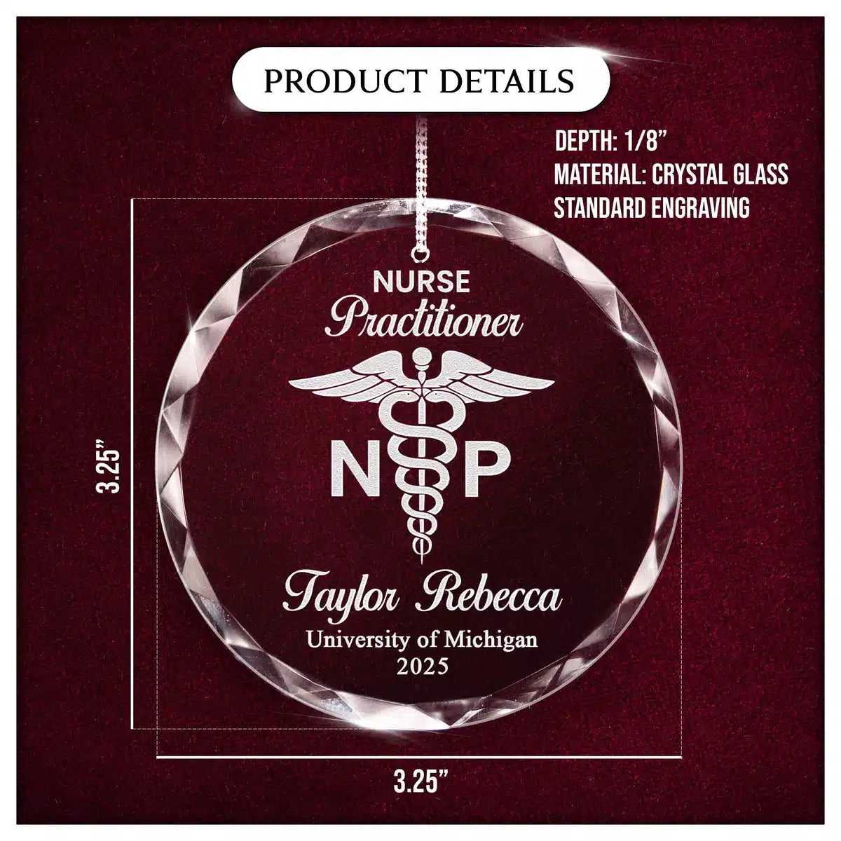Product details card for a personalized engraved engraved crystal glass ornament, showing crystal glass construction, engraving, and a 3.25-inch size.