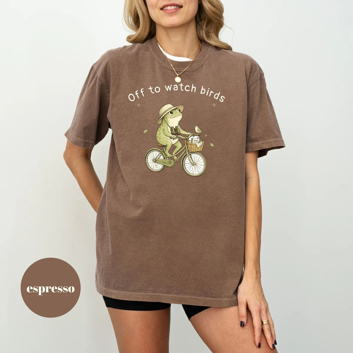 Espresso Comfort Colors 1717 T-shirt with Birdwatching design worn by a model view 2